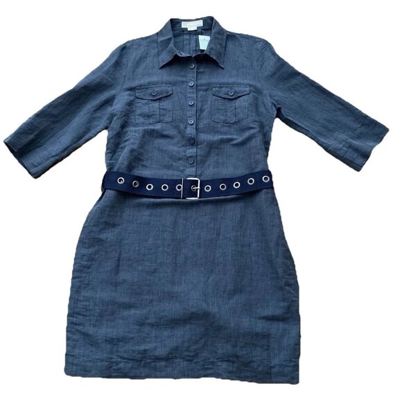 Michael Kors Button Roll Tab Sleeve Shirtdress Blue Size 12 Linen Blend NWT - Picture 1 of 14